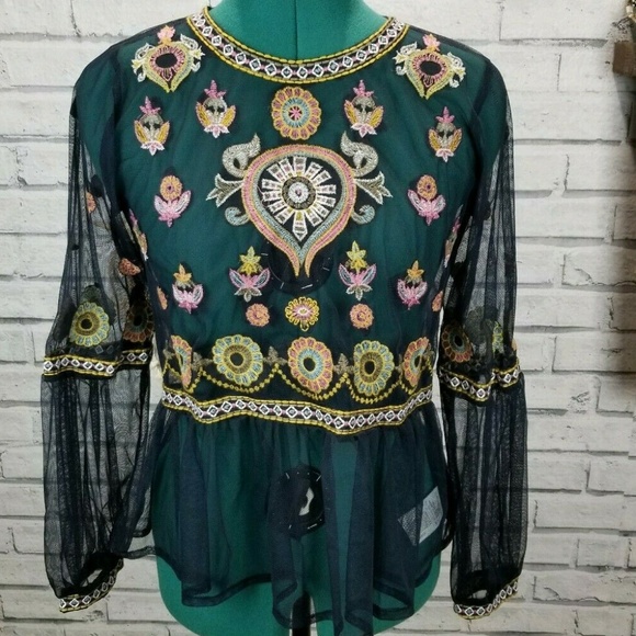 BBWM Sheer Top Embroidery Floral Boho Festival M - Picture 1 of 8